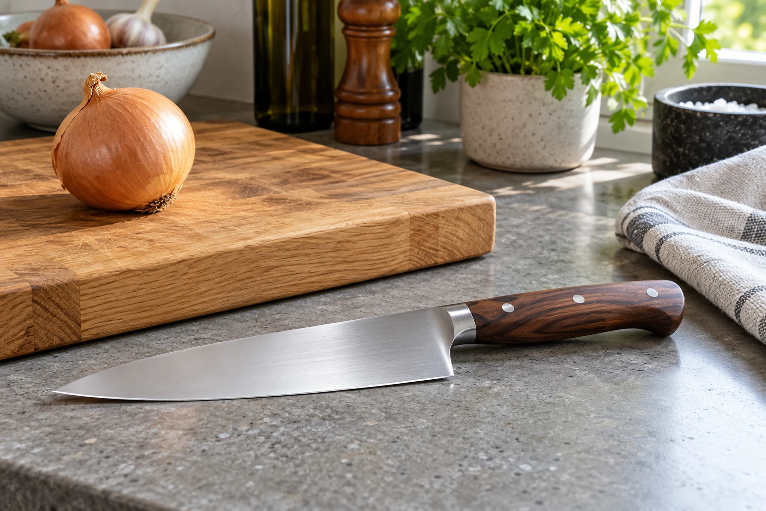 A chef knife and oak board on a kitchen worktop